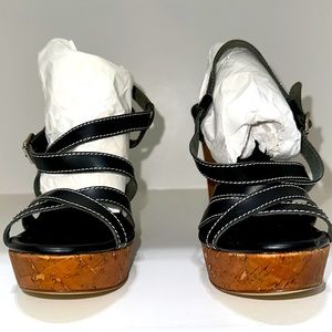 Michael Kors black leather and cork strappy wedge sandals